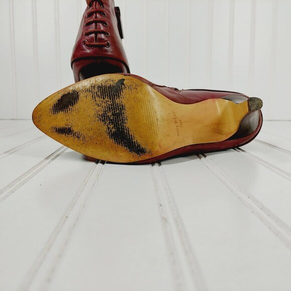 Nine West Burgundy Brown Leather Side Zip Fold Over Lace Back Heel Boots I140 - Picture 10 of 11